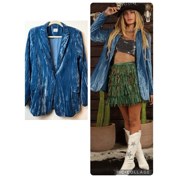Blue Buttercup Jackets & Blazers - Blue Velvet Blazer Crinkle Long Line Women’s L Festival Office Boho